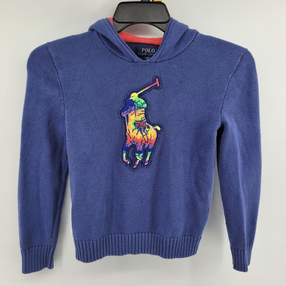 Polo Ralph Lauren‎ Boys Size Small (8) Knit Hoodie Sweater Blue Tye Dye Big Pony